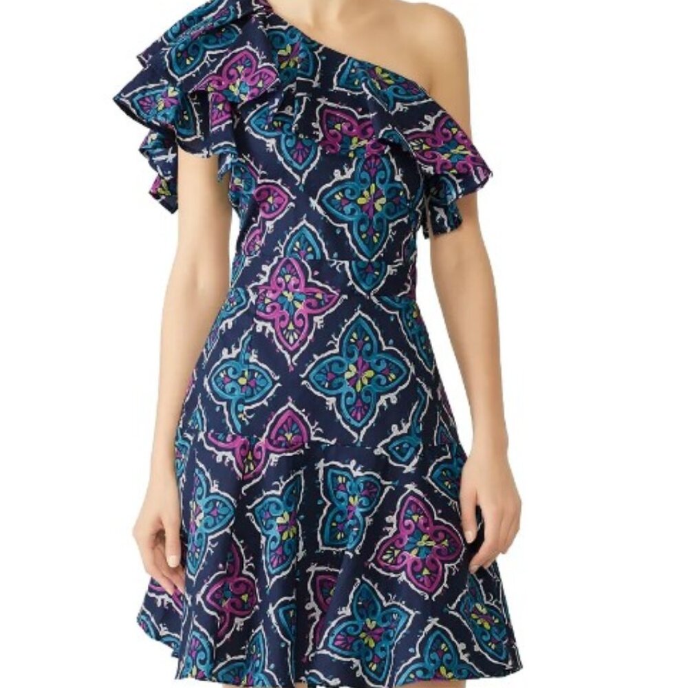 Josie Natori Festive Blue One Shoulder Ruffle Dress - Size 10